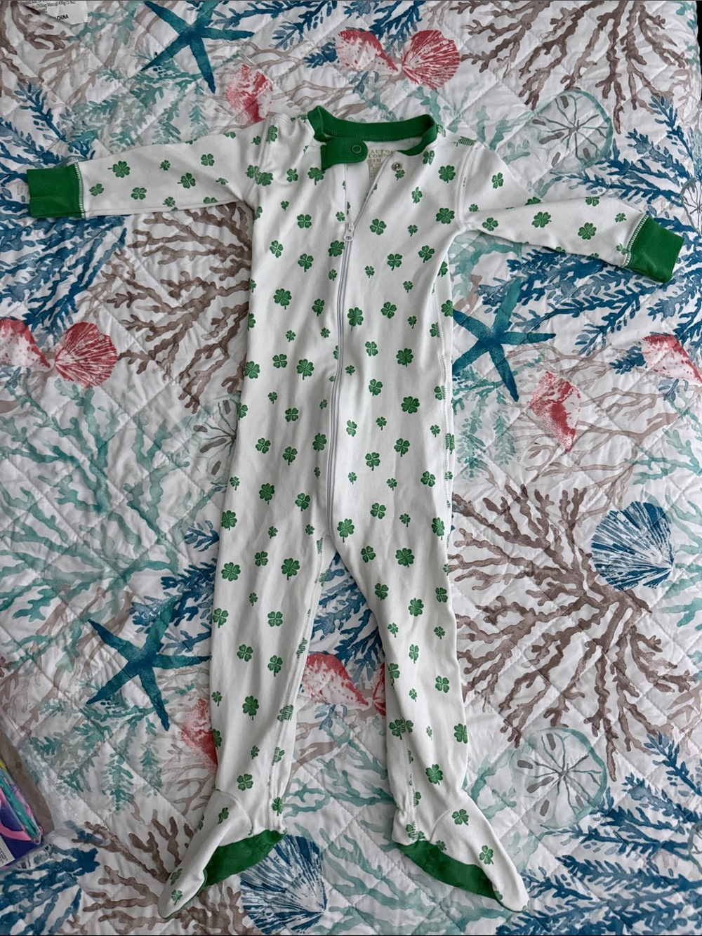 The Beaufort Bonnet Company White Footed Sleeper with Green Clover Print
